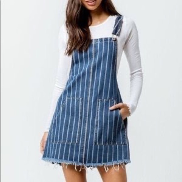 Sky And Sparrow Denim Jumper Short Dress Overalls Striped Frayed Hem Size Small - Picture 1 of 6